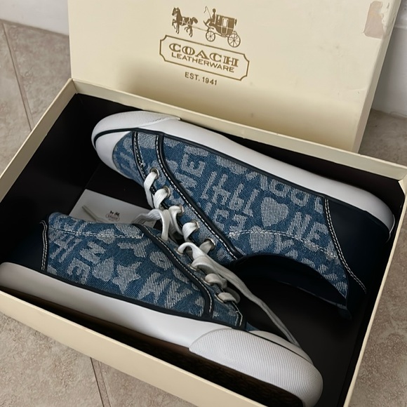 🆕 Coach Barrett Leather Canvas Fashion Sneakers Blue Women's US 8B - Picture 2 of 9